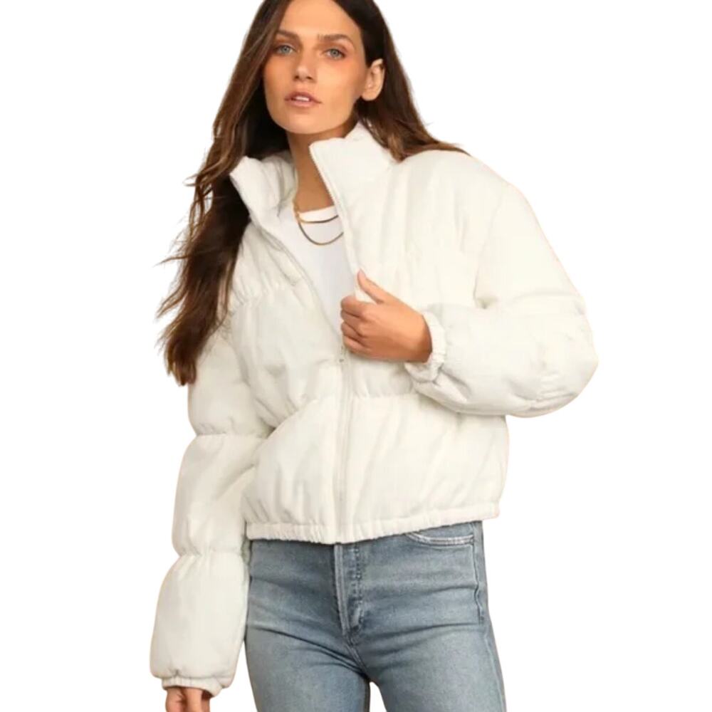 Lulus White Corduroy Puffer Full Zip Jacket Size XL Retro Minimalist Gorpcore